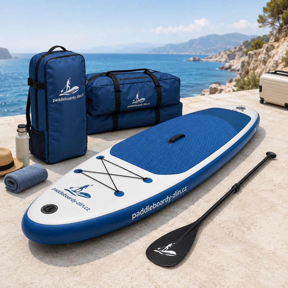 Paddleboard Paddleboardy Zlín — sbalený v batohu, u moře